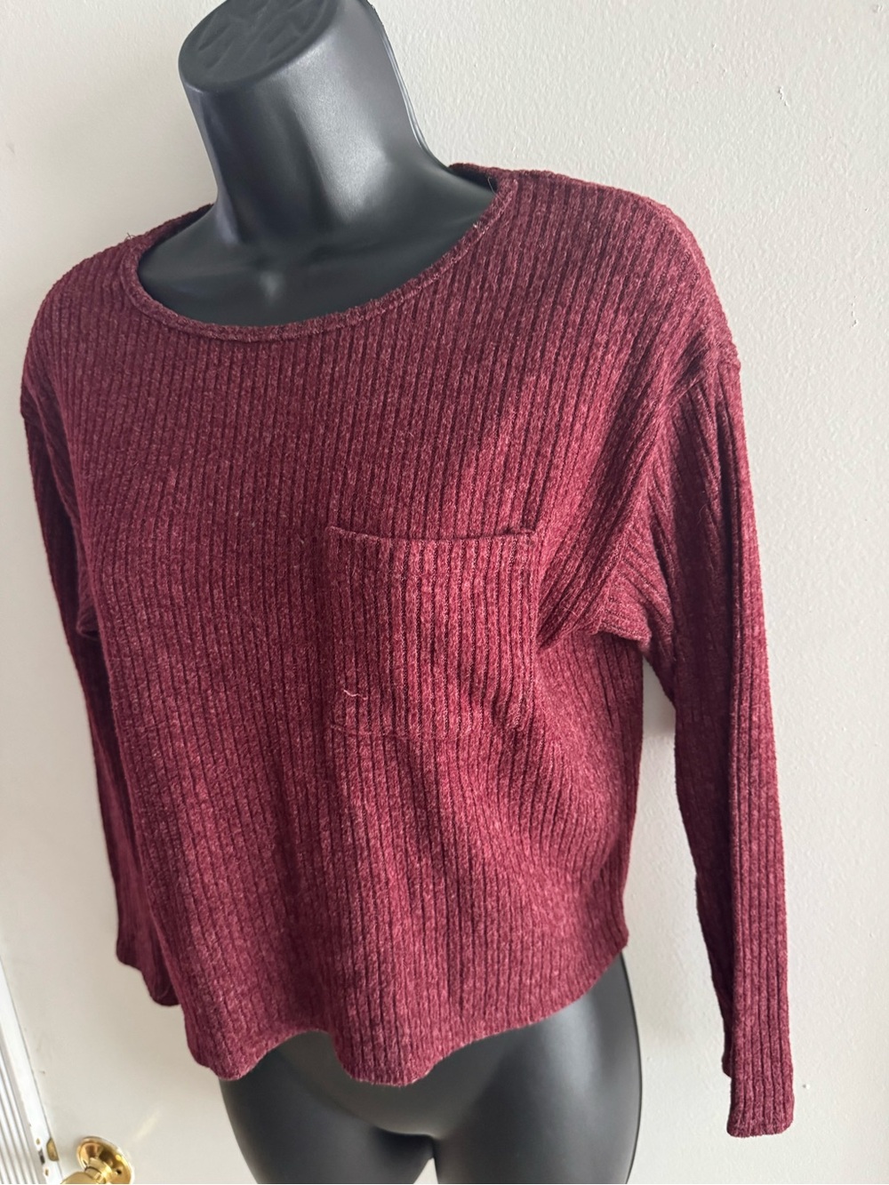 Rebel Sugar Burgundy Ribbed Long Sleeve Pocket Top